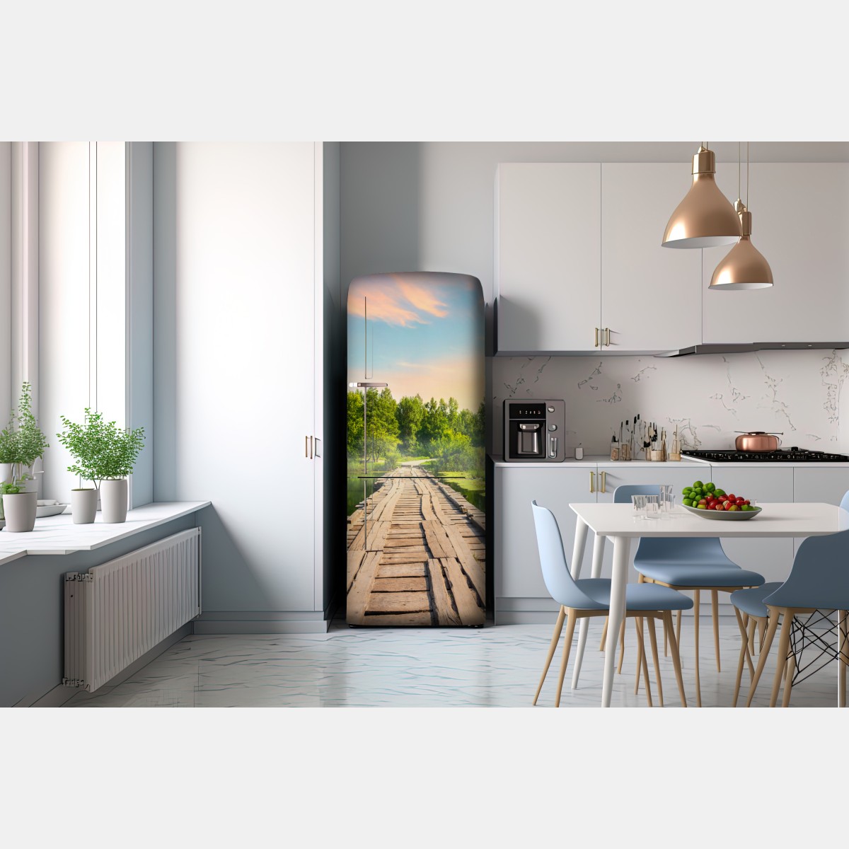 Naklejka na lodówkę słoneczny drewniany most nad spokojnym jeziorem – Wallissimo® Naklejka na lodówkę słoneczny drewniany most nad spokojnym jeziorem – Wallissimo®