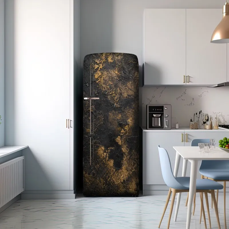 Naklejka na lodówkę czarno-złota teksturowana abstrakcja ścienna – Wallissimo® Naklejka na lodówkę czarno-złota teksturowana abstrakcja ścienna – Wallissimo®