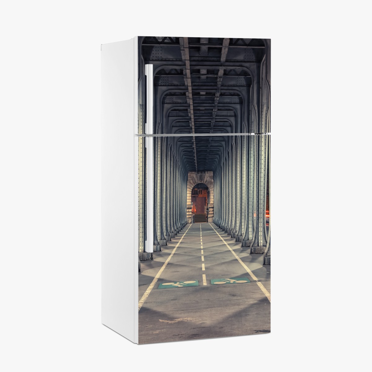 Fridge sticker symmetrical iron bridge corridor at night