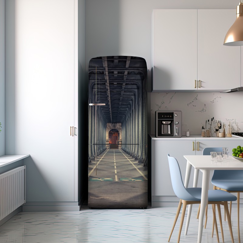 Naklejka na lodówkę symetryczny korytarz stalowego mostu nocą – Wallissimo® Naklejka na lodówkę symetryczny korytarz stalowego mostu nocą – Wallissimo®