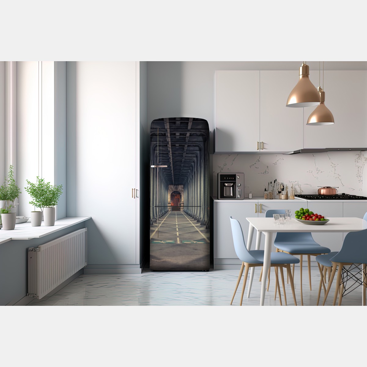 Naklejka na lodówkę symetryczny korytarz stalowego mostu nocą – Wallissimo® Naklejka na lodówkę symetryczny korytarz stalowego mostu nocą – Wallissimo®