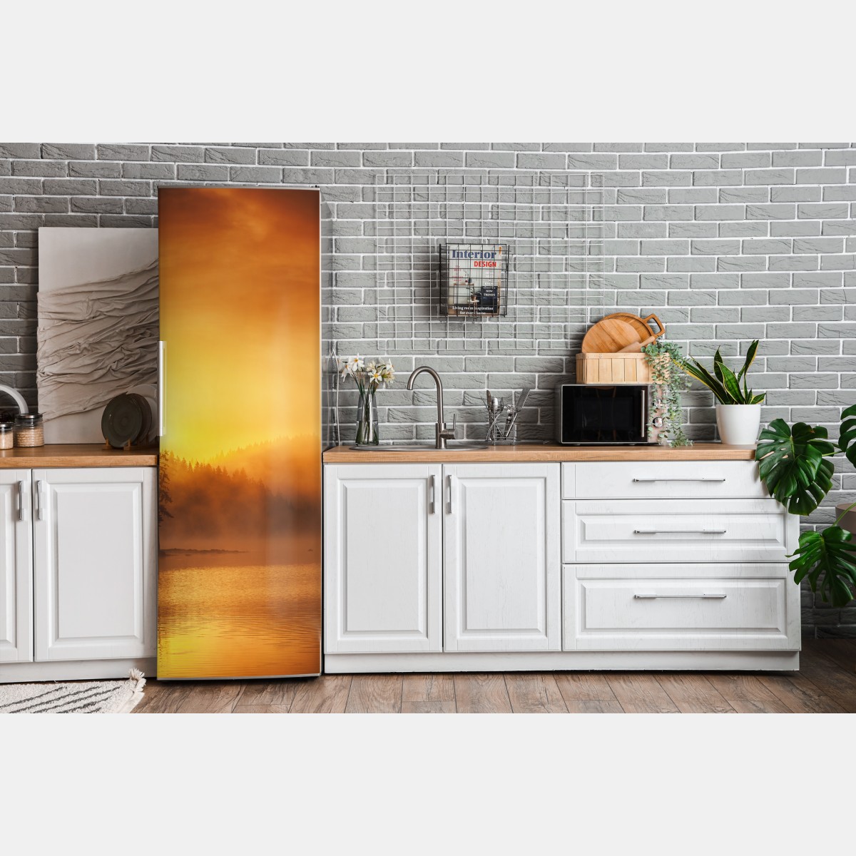 Naklejka na lodówkę złoty wschód słońca nad mglistym jeziorem – Wallissimo® Naklejka na lodówkę złoty wschód słońca nad mglistym jeziorem – Wallissimo®