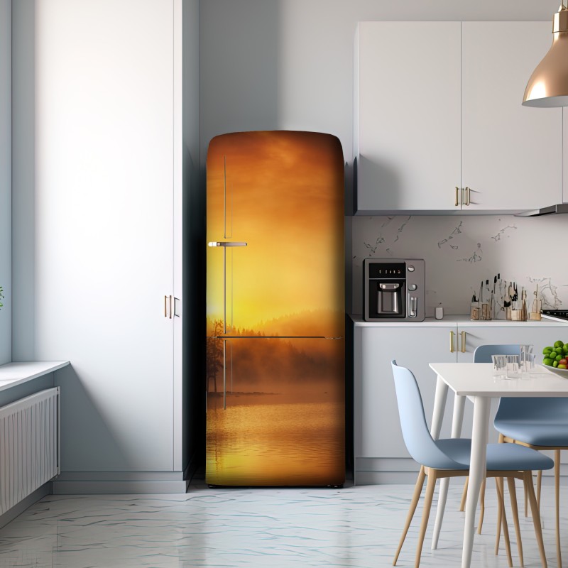 Naklejka na lodówkę złoty wschód słońca nad mglistym jeziorem – Wallissimo® Naklejka na lodówkę złoty wschód słońca nad mglistym jeziorem – Wallissimo®