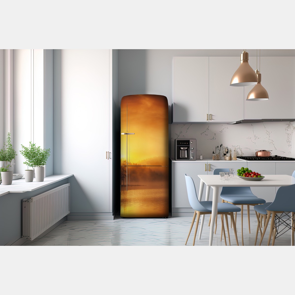 Naklejka na lodówkę złoty wschód słońca nad mglistym jeziorem – Wallissimo® Naklejka na lodówkę złoty wschód słońca nad mglistym jeziorem – Wallissimo®