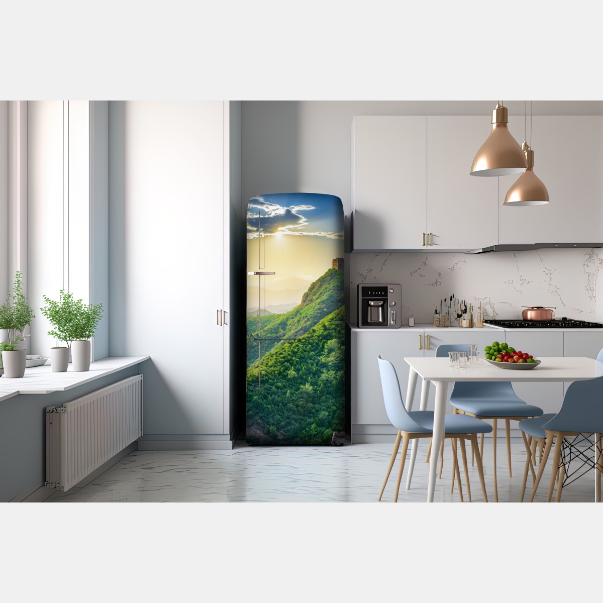 Naklejka na lodówkę Wielki Mur o świcie nad zielonymi górami – Wallissimo® Naklejka na lodówkę Wielki Mur o świcie nad zielonymi górami – Wallissimo®