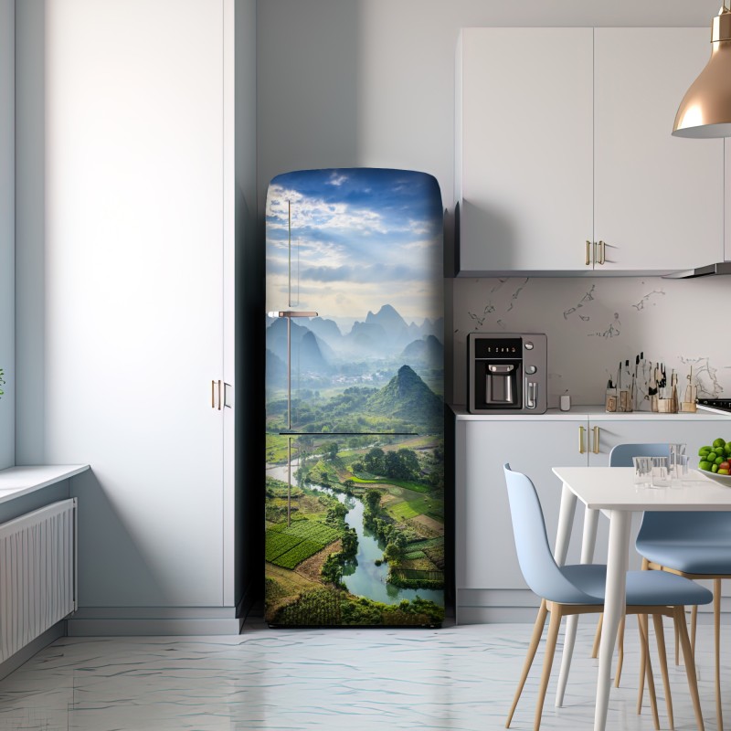 Naklejka na lodówkę mglista dolina górska z karstowymi szczytami o świcie – Wallissimo® Naklejka na lodówkę mglista dolina górska z karstowymi szczytami o świcie – Wallissimo®