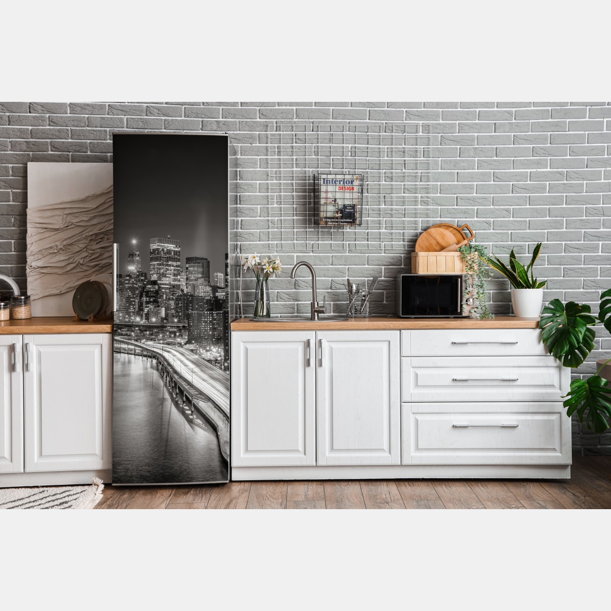 Naklejka na lodówkę czarno-biała panorama miasta nocą – Wallissimo® Naklejka na lodówkę czarno-biała panorama miasta nocą – Wallissimo®