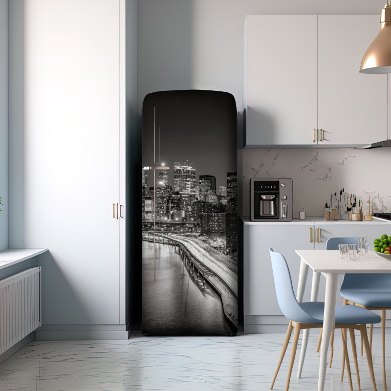 Naklejka na lodówkę czarno-biała panorama miasta nocą – Wallissimo® Naklejka na lodówkę czarno-biała panorama miasta nocą – Wallissimo®