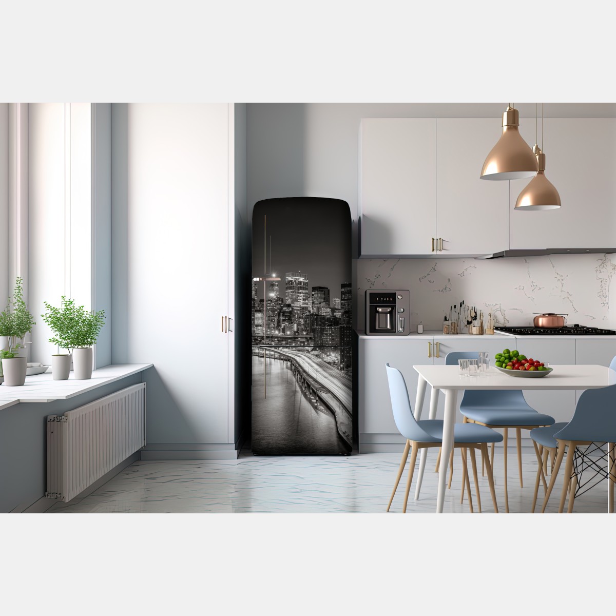 Naklejka na lodówkę czarno-biała panorama miasta nocą – Wallissimo® Naklejka na lodówkę czarno-biała panorama miasta nocą – Wallissimo®