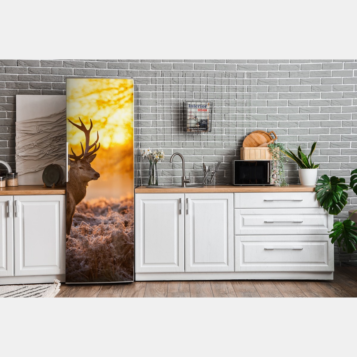 Naklejka na lodówkę złoty jeleń o świcie – Wallissimo® Naklejka na lodówkę złoty jeleń o świcie – Wallissimo®