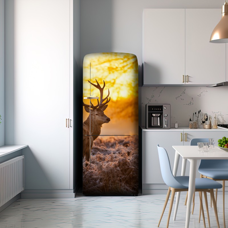 Naklejka na lodówkę złoty jeleń o świcie – Wallissimo® Naklejka na lodówkę złoty jeleń o świcie – Wallissimo®