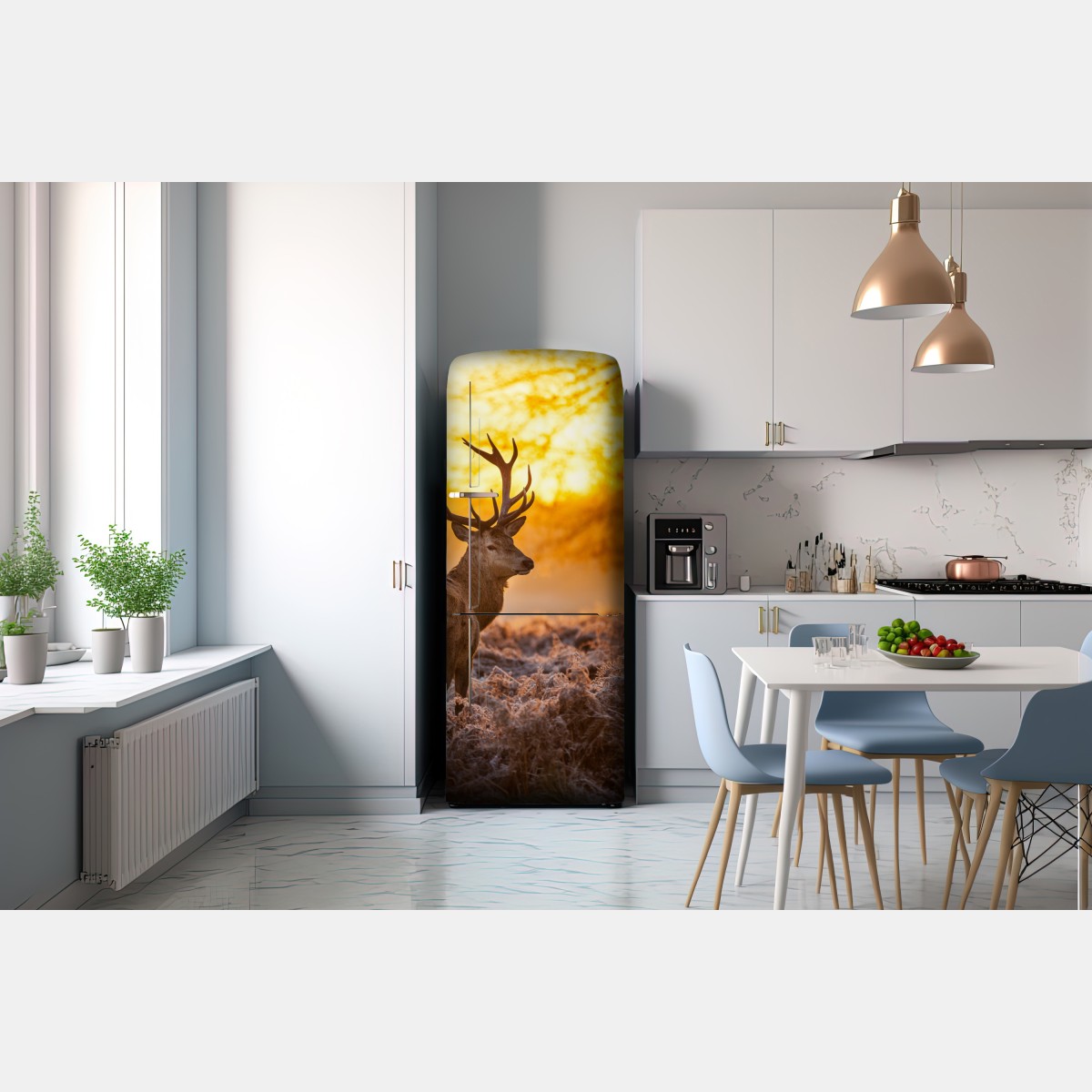 Naklejka na lodówkę złoty jeleń o świcie – Wallissimo® Naklejka na lodówkę złoty jeleń o świcie – Wallissimo®