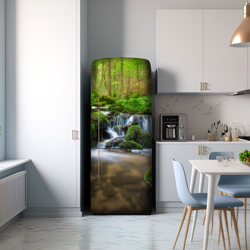 Naklejka na lodówkę spokojny mechowy wodospad w lesie – Wallissimo® Naklejka na lodówkę spokojny mechowy wodospad w lesie – Wallissimo®
