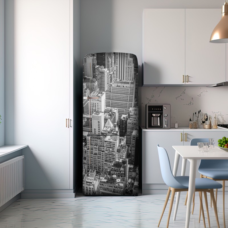 Naklejka na lodówkę lotnicza panorama miasta w odcieniach szarości – Wallissimo® Naklejka na lodówkę lotnicza panorama miasta w odcieniach szarości – Wallissimo®