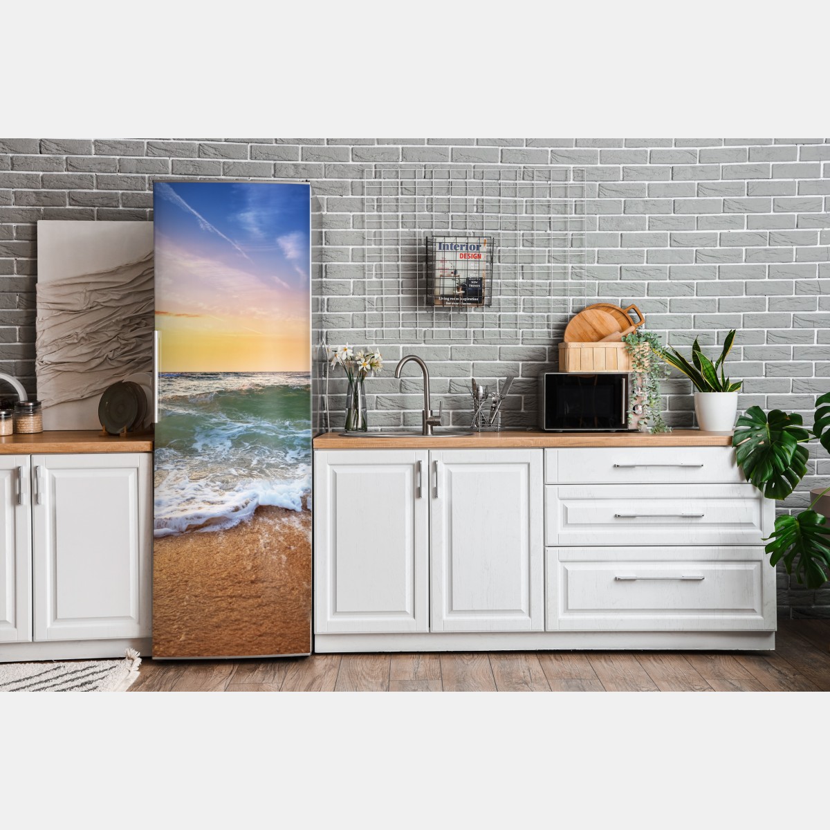 Naklejka na lodówkę złoty zachód słońca na plaży nad falami – Wallissimo® Naklejka na lodówkę złoty zachód słońca na plaży nad falami – Wallissimo®