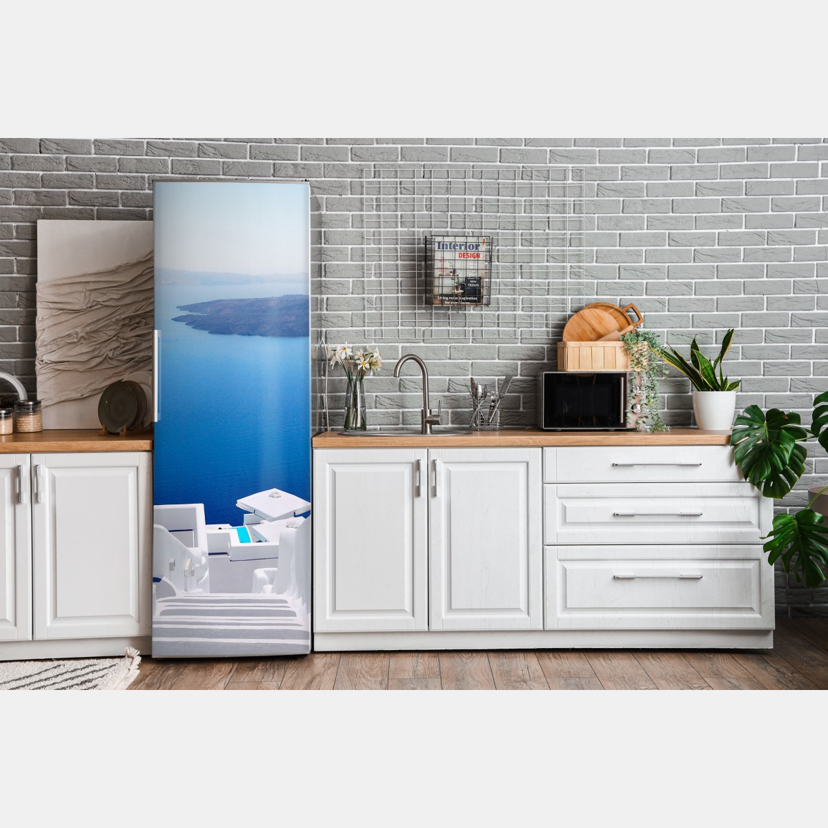 Naklejka na lodówkę Santorini białe schody nad morzem – Wallissimo® Naklejka na lodówkę Santorini białe schody nad morzem – Wallissimo®