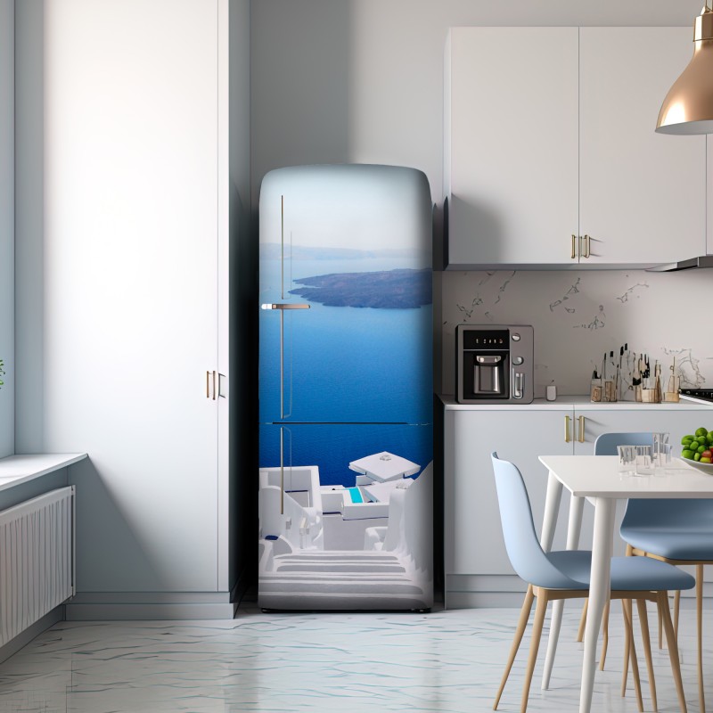 Naklejka na lodówkę Santorini białe schody nad morzem – Wallissimo® Naklejka na lodówkę Santorini białe schody nad morzem – Wallissimo®