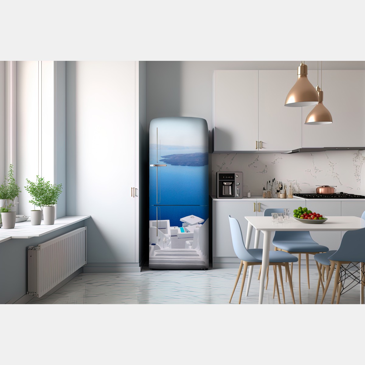 Naklejka na lodówkę Santorini białe schody nad morzem – Wallissimo® Naklejka na lodówkę Santorini białe schody nad morzem – Wallissimo®