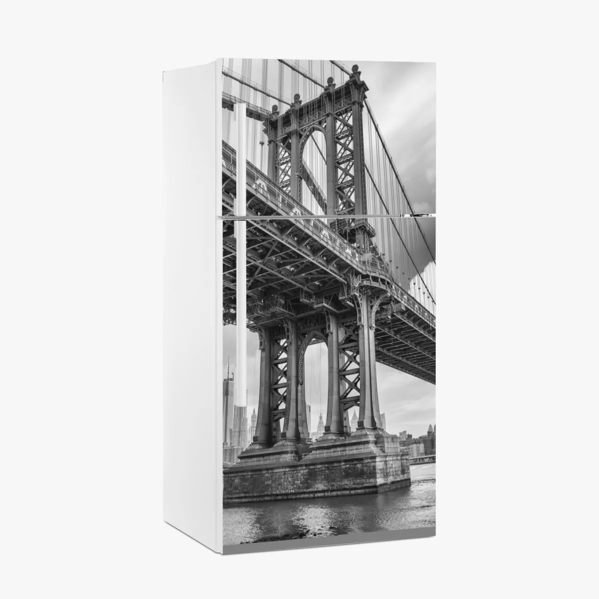 Naklejka na lodówkę widok z dołu na most Manhattan i panoramę Nowego Jorku – Wallissimo® Naklejka na lodówkę widok z dołu na most Manhattan i panoramę Nowego Jorku – Wallissimo®