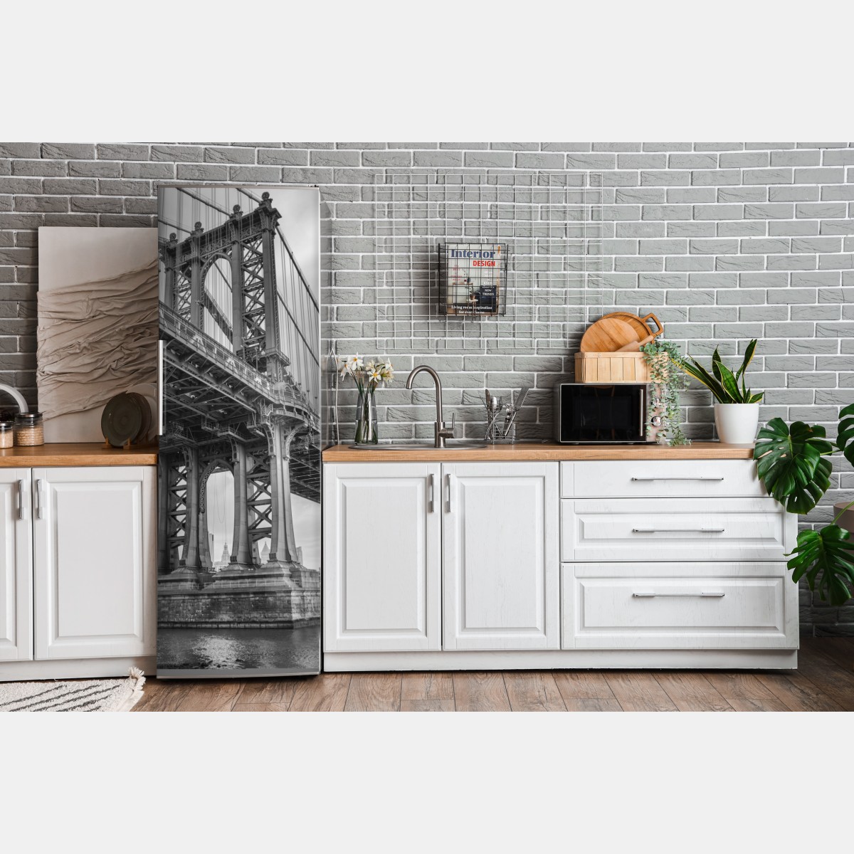 Naklejka na lodówkę widok z dołu na most Manhattan i panoramę Nowego Jorku – Wallissimo® Naklejka na lodówkę widok z dołu na most Manhattan i panoramę Nowego Jorku – Wallissimo®