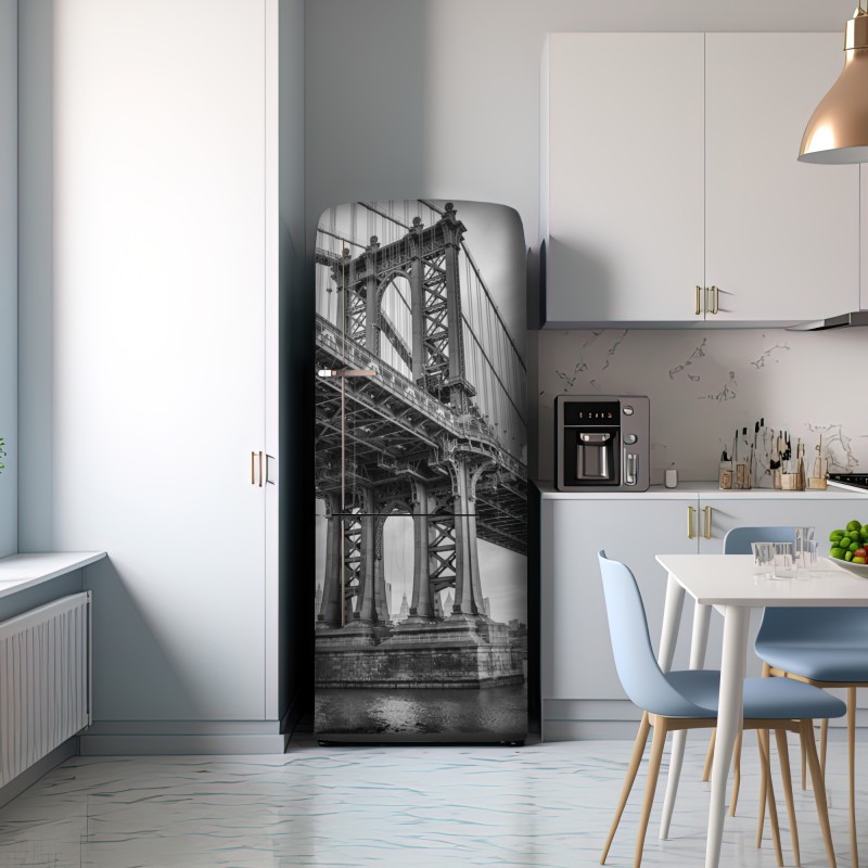 Naklejka na lodówkę widok z dołu na most Manhattan i panoramę Nowego Jorku – Wallissimo® Naklejka na lodówkę widok z dołu na most Manhattan i panoramę Nowego Jorku – Wallissimo®