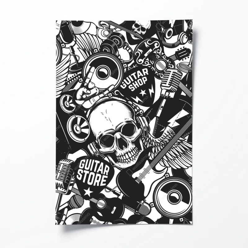 Plakat rockowy kolaż z czaszką i gitarami