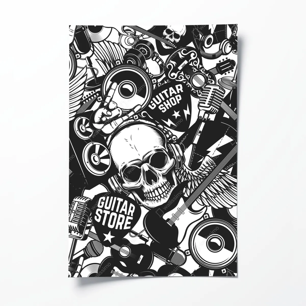 Plakat rockowy kolaż z czaszką i gitarami – Wallissimo® Plakat rockowy kolaż z czaszką i gitarami – Wallissimo®
