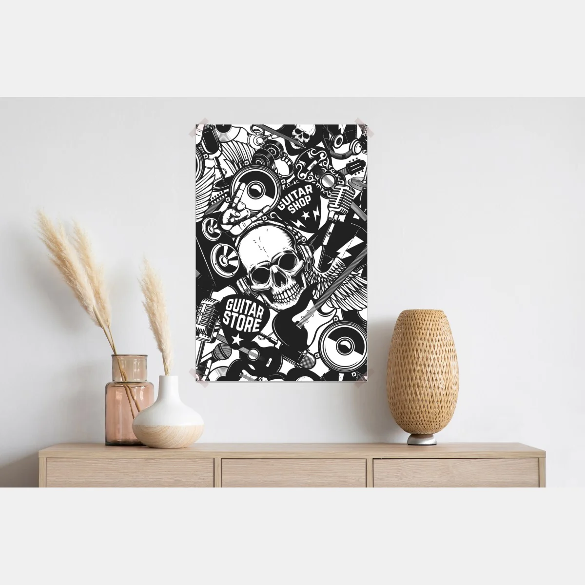 Plakat rockowy kolaż z czaszką i gitarami – Wallissimo® Plakat rockowy kolaż z czaszką i gitarami – Wallissimo®