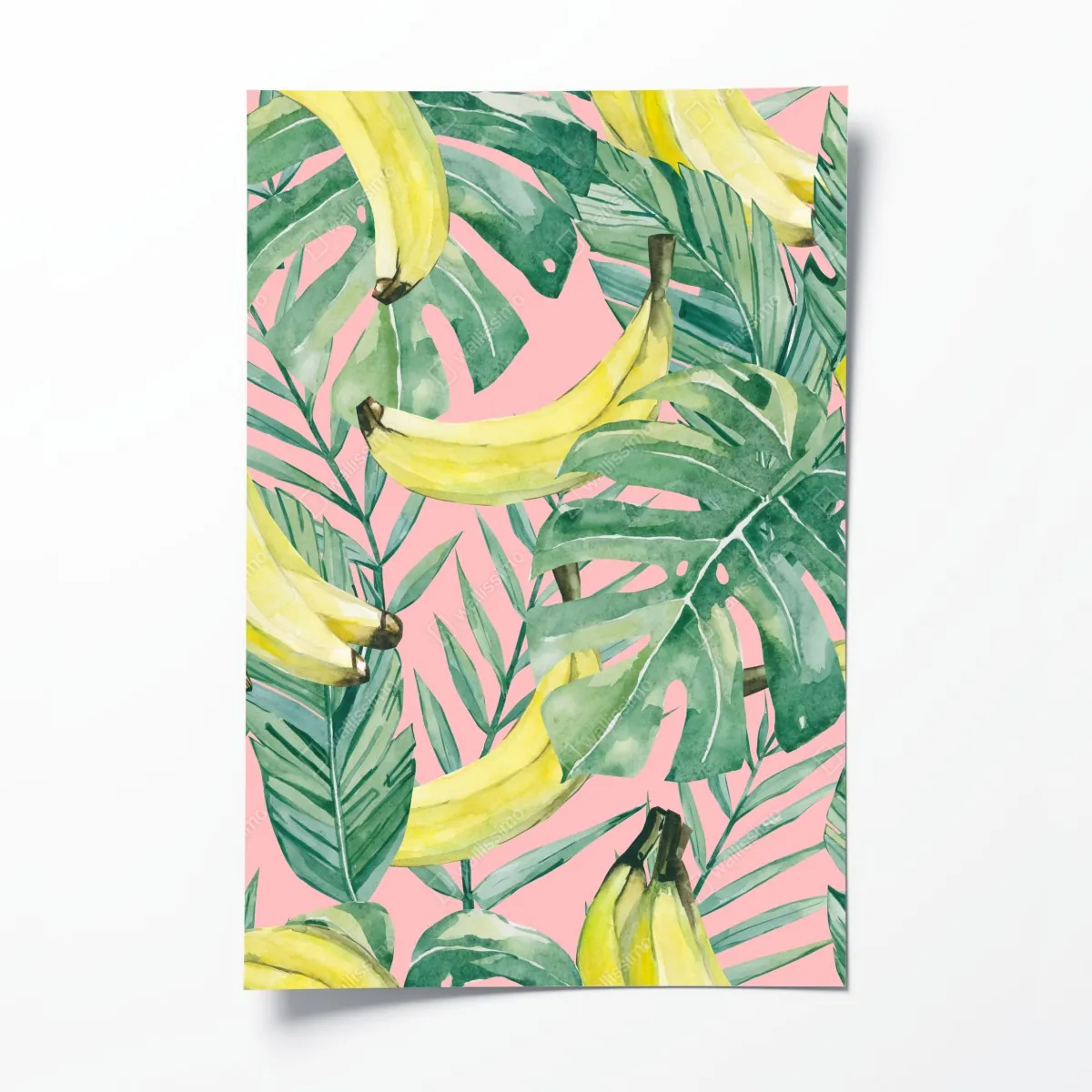 Plakat akwarelowy wzór z bananami i liśćmi na różowym tle – Wallissimo® Plakat akwarelowy wzór z bananami i liśćmi na różowym tle – Wallissimo®