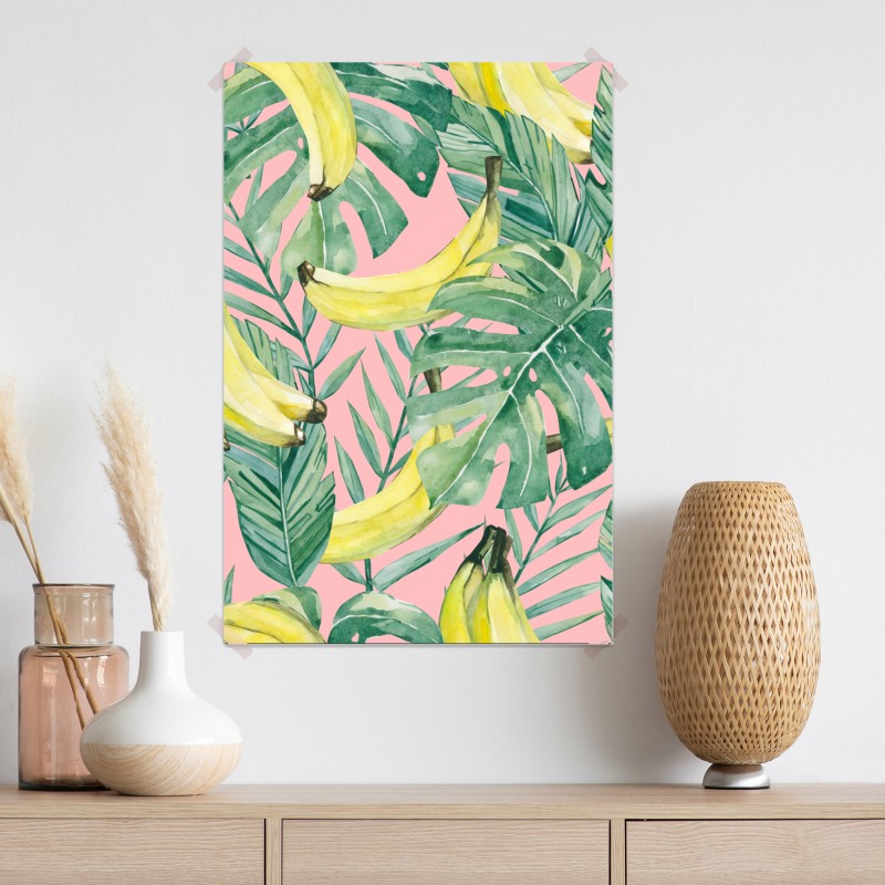 Plakat akwarelowy wzór z bananami i liśćmi na różowym tle – Wallissimo® Plakat akwarelowy wzór z bananami i liśćmi na różowym tle – Wallissimo®