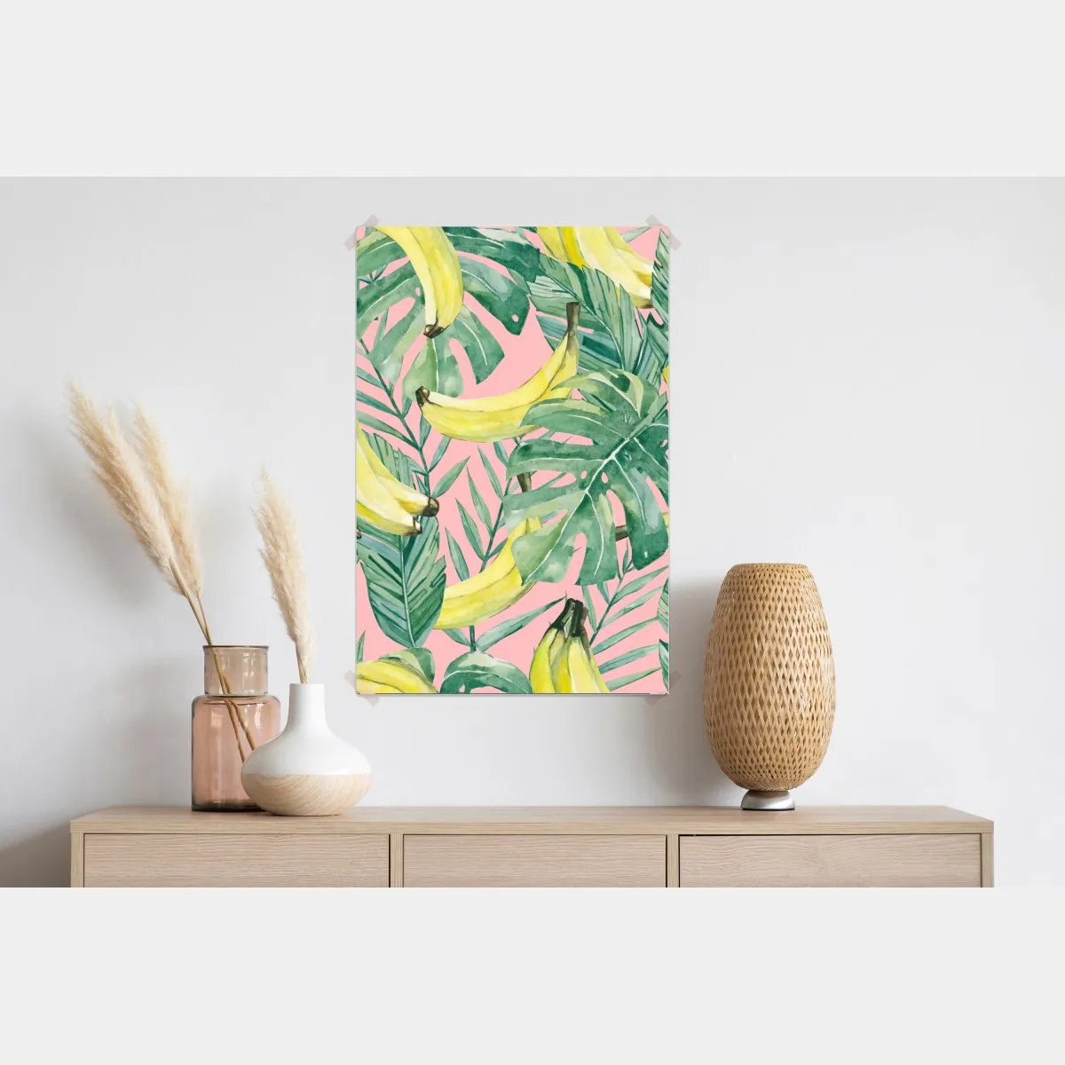 Plakat akwarelowy wzór z bananami i liśćmi na różowym tle – Wallissimo® Plakat akwarelowy wzór z bananami i liśćmi na różowym tle – Wallissimo®