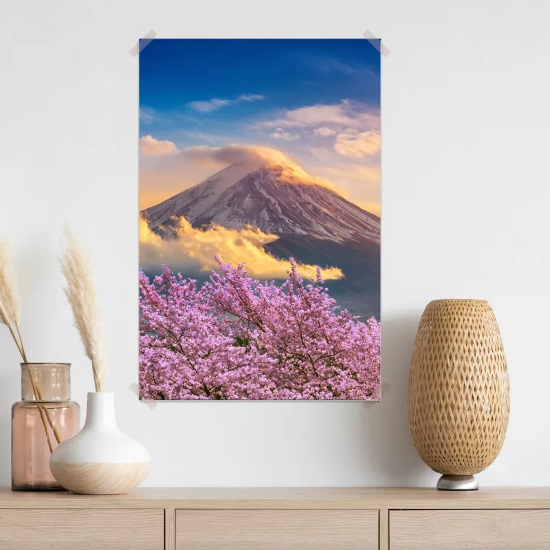 Plakat Góra Fuji z kwitnącą sakurą o wschodzie słońca – Wallissimo® Plakat Góra Fuji z kwitnącą sakurą o wschodzie słońca – Wallissimo®