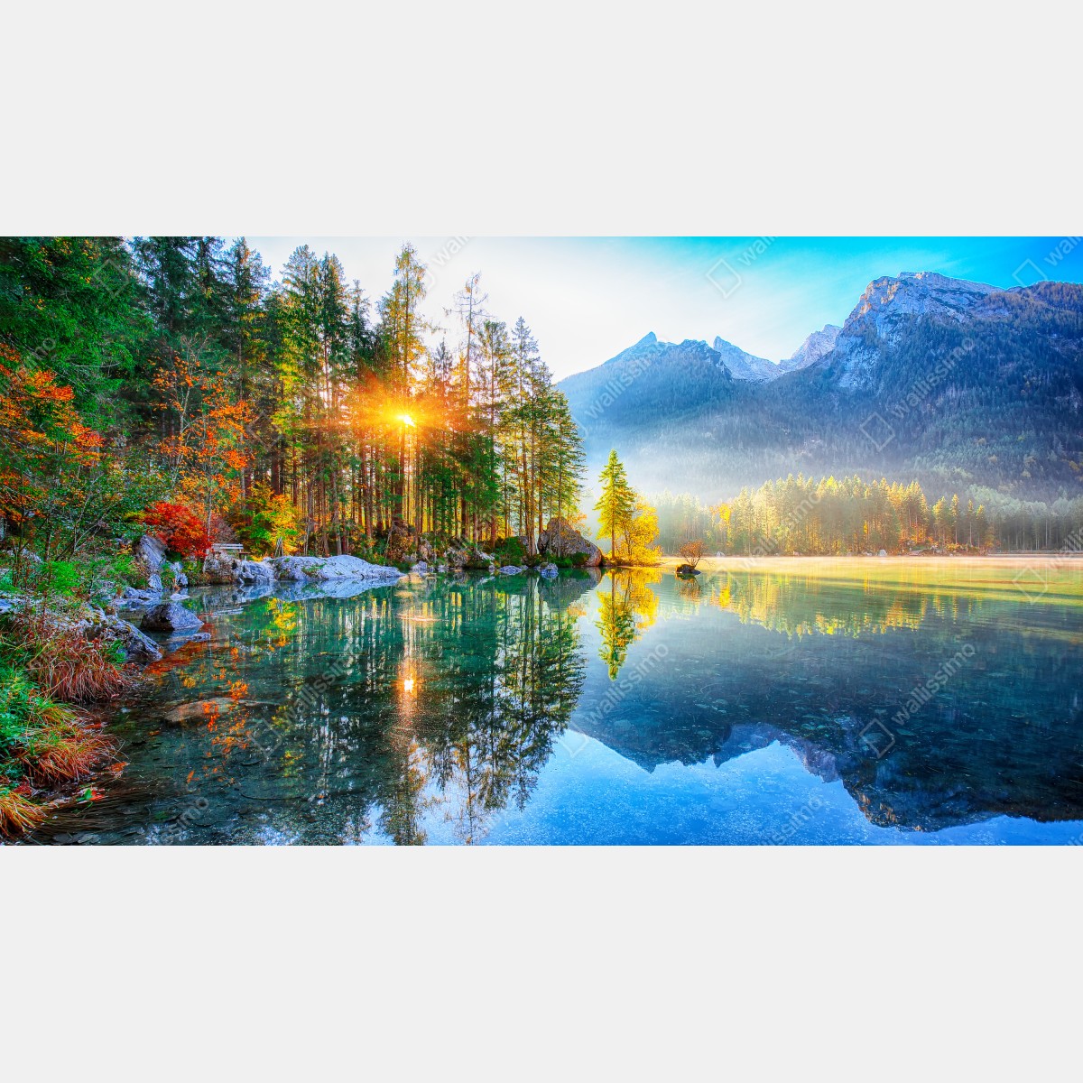 Plakat Hintersee jesienny wschód słońca nad turkusowym jeziorem – Wallissimo® Plakat Hintersee jesienny wschód słońca nad turkusowym jeziorem – Wallissimo®