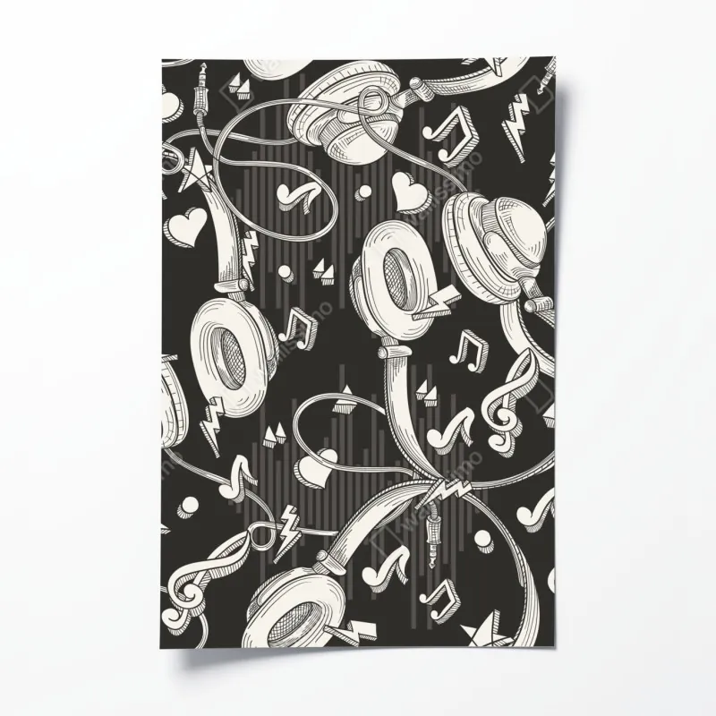 Plakat monochromatyczny wzór słuchawek i nut