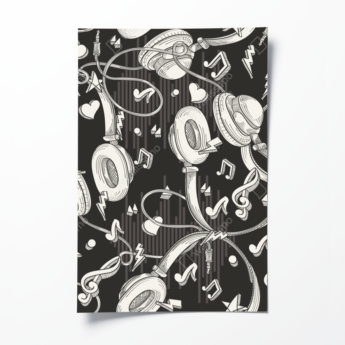 Poster monochrome headphones and music notes pattern
