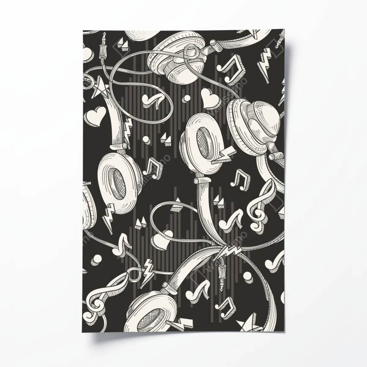Plakat monochromatyczny wzór słuchawek i nut – Wallissimo® Plakat monochromatyczny wzór słuchawek i nut – Wallissimo®