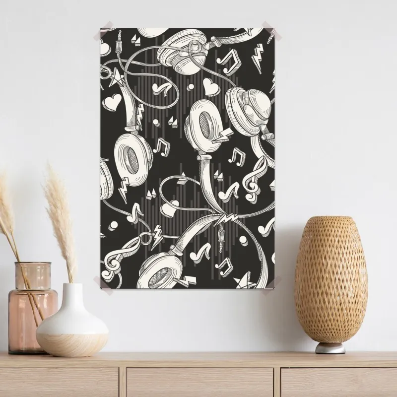 Plakat monochromatyczny wzór słuchawek i nut – Wallissimo® Plakat monochromatyczny wzór słuchawek i nut – Wallissimo®
