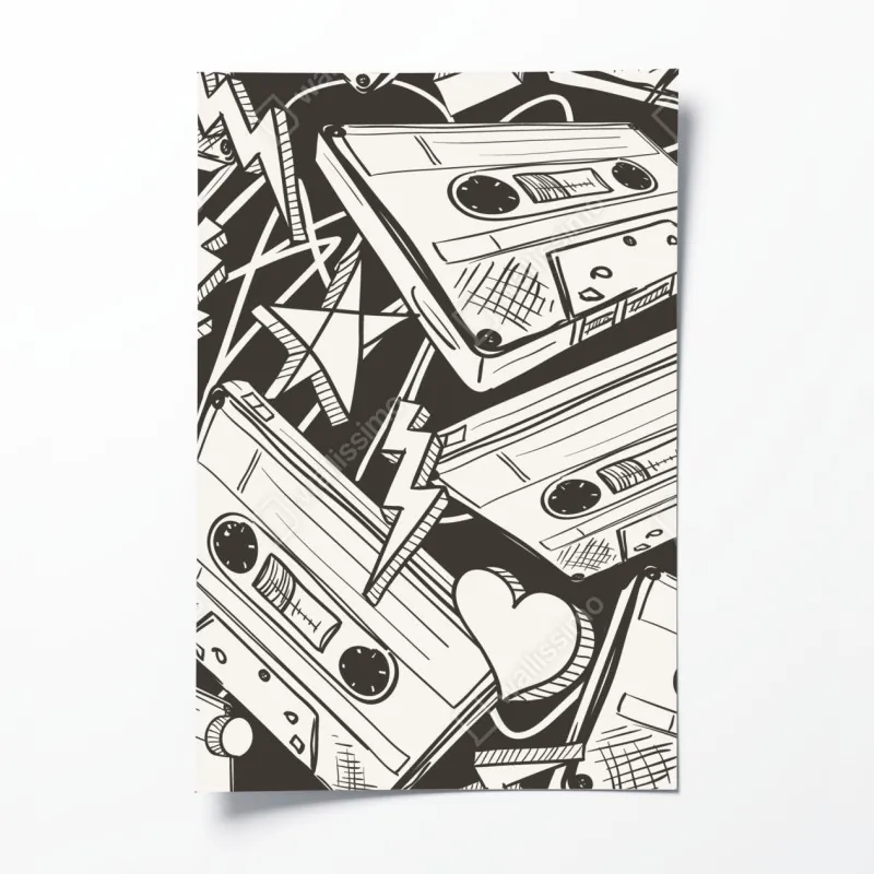 Plakat wzór kaset magnetofonowych w stylu retro