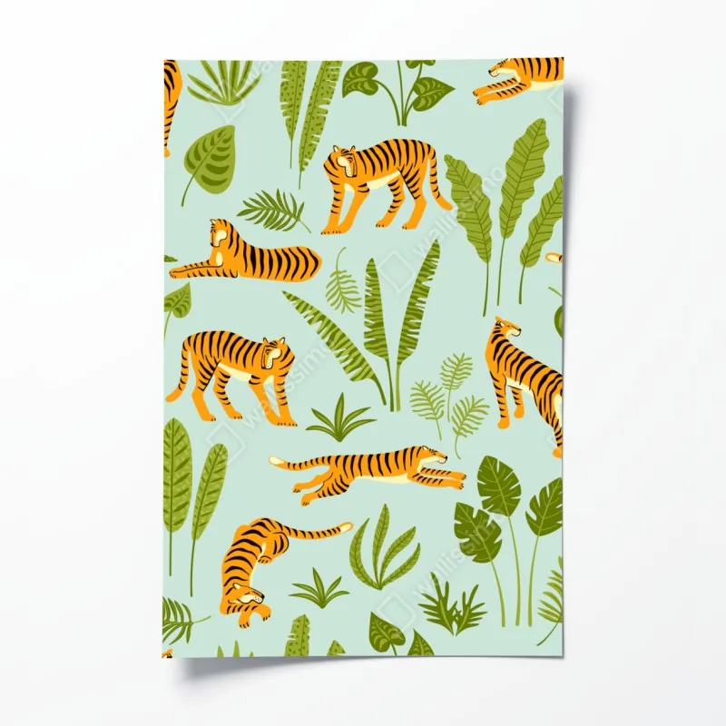 Plakat egzotyczne tygrysy wśród liści
