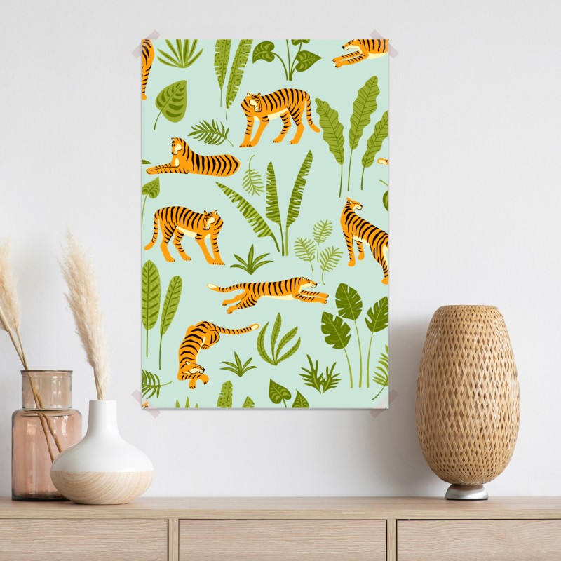 Plakat egzotyczne tygrysy wśród liści – Wallissimo® Plakat egzotyczne tygrysy wśród liści – Wallissimo®