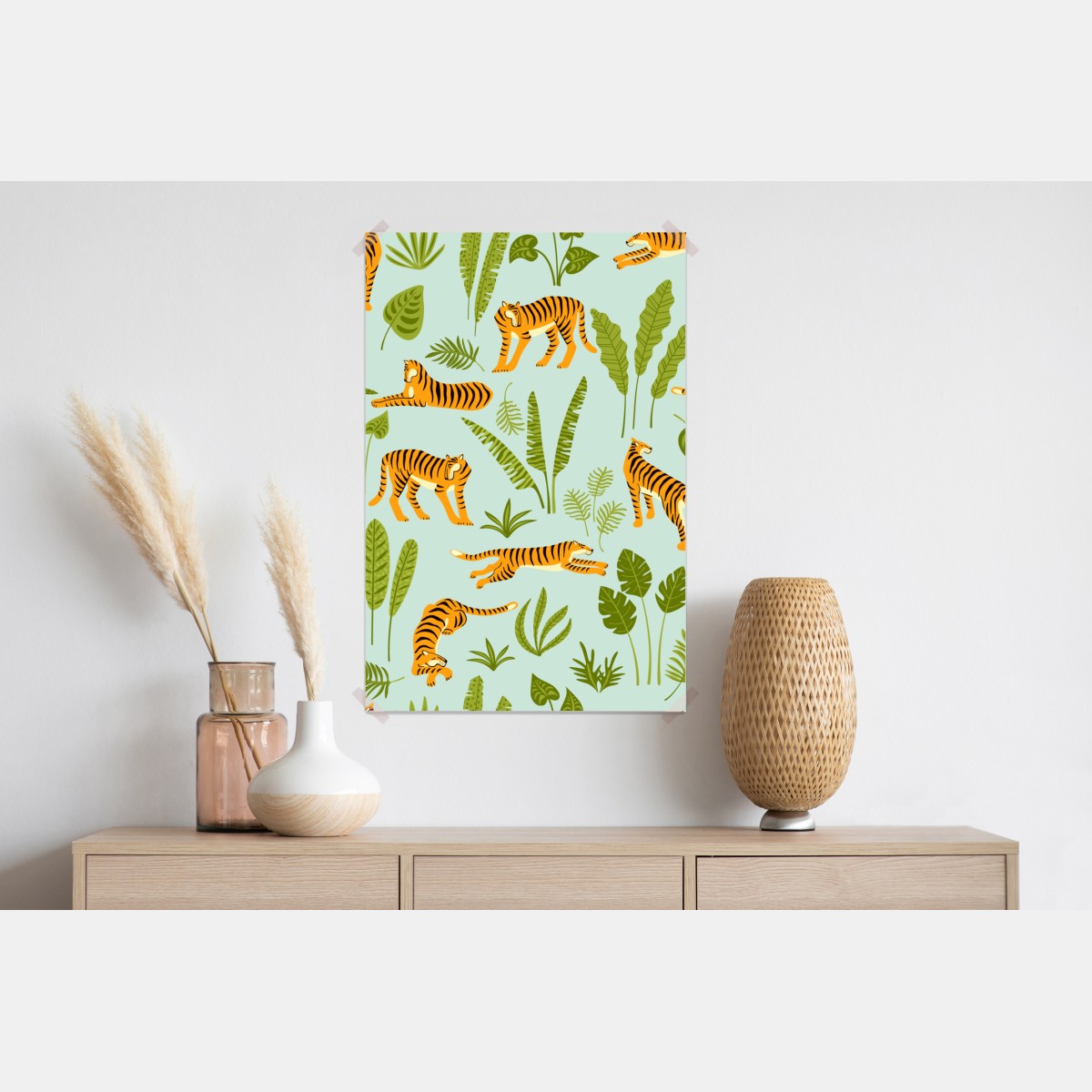 Plakat egzotyczne tygrysy wśród liści – Wallissimo® Plakat egzotyczne tygrysy wśród liści – Wallissimo®
