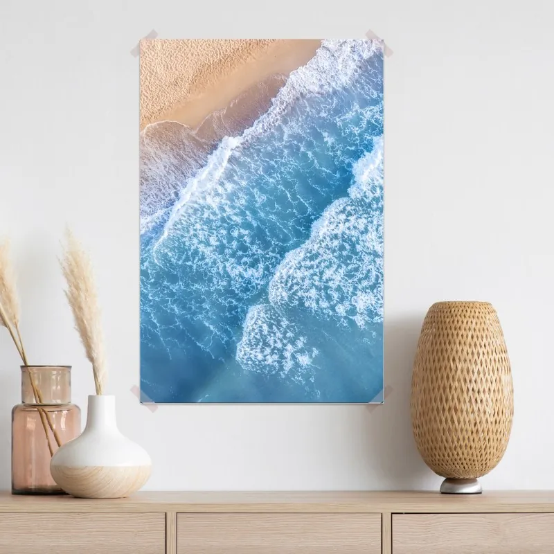 Plakat widok z lotu ptaka na turkusowe fale i piaszczystą plażę – Wallissimo® Plakat widok z lotu ptaka na turkusowe fale i piaszczystą plażę – Wallissimo®