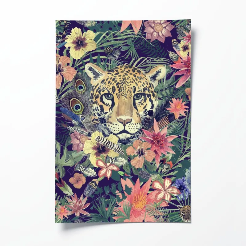 Plakat vintage akwarelowy lampart w tropikalnych liściach