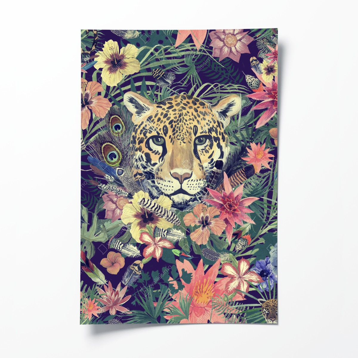 Poster vintage watercolor leopard in tropical foliage