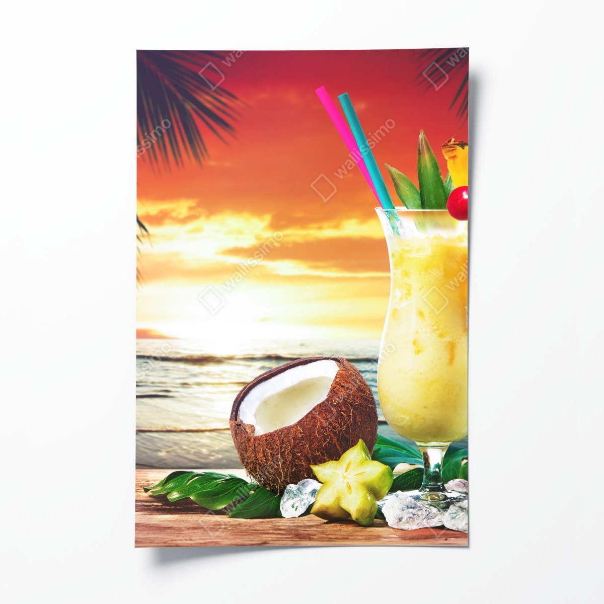 Poster tropical pineapple and coconut sunset