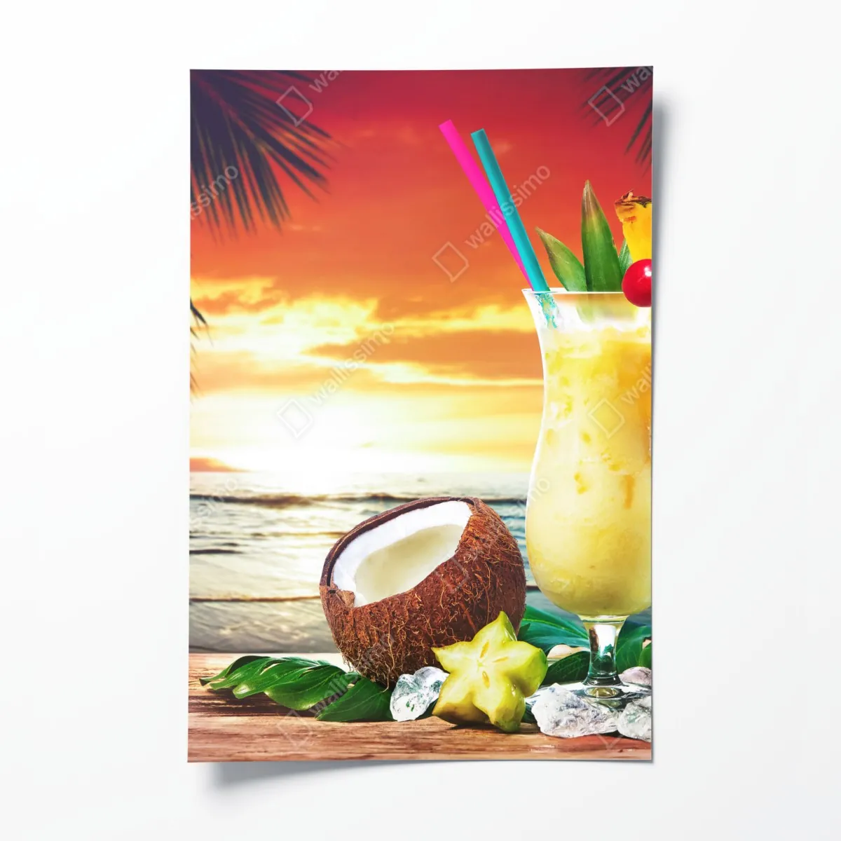 Plakat tropikalny zachód słońca na plaży z koktajlem – Wallissimo® Plakat tropikalny zachód słońca na plaży z koktajlem – Wallissimo®