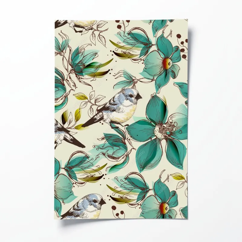Plakat retro miętowy wzór kwiatów i ptaków