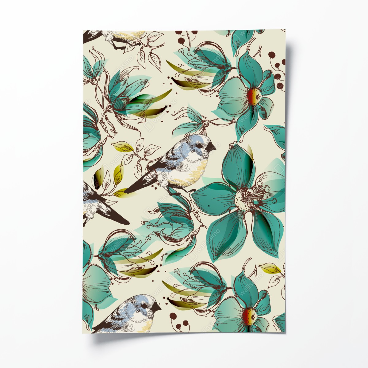 Poster retro teal floral and bird pattern