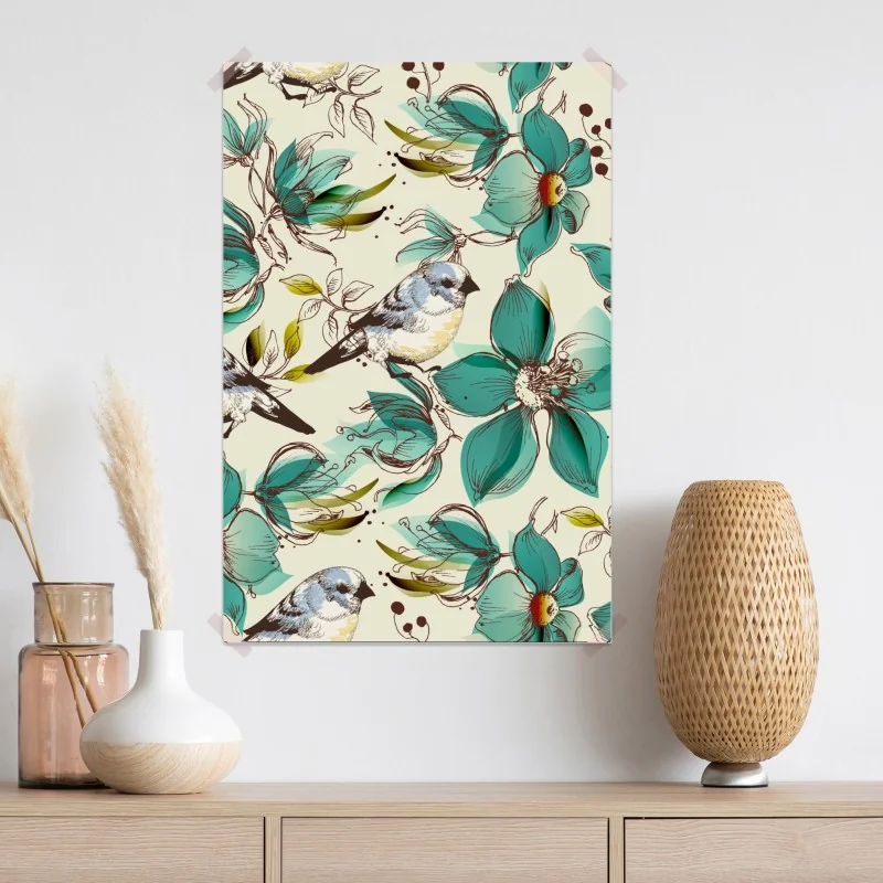 Plakat retro miętowy wzór kwiatów i ptaków – Wallissimo® Plakat retro miętowy wzór kwiatów i ptaków – Wallissimo®
