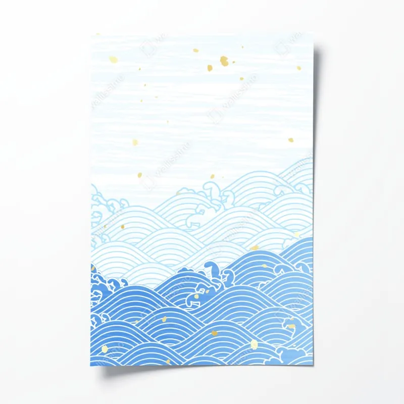 Plakat spokojne niebieskie fale ze złotymi akcentami